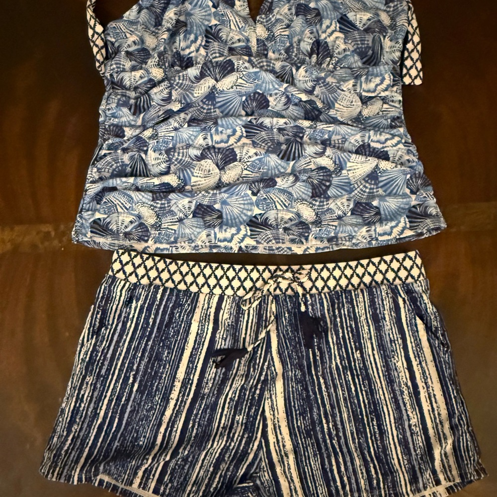Swim Suit XL Blue & White Shell Print Top with Striped Shorts and bikini bottom